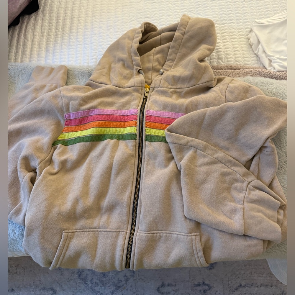 Aviator Nation 5 Stripe Beige Full Zip Hoodie with Colorful Stripes